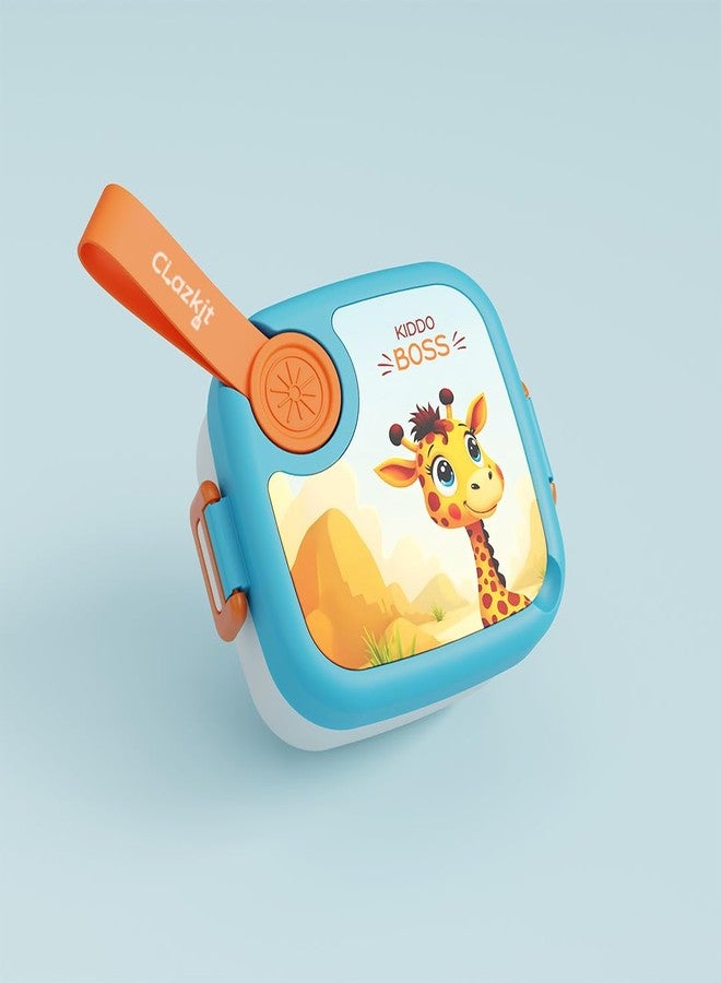 Clazkit Plastic Lunch Box with Spoon - Leak-Proof, BPA-Free 500 ml - Cute Giraffe Printed Design - Easy to Carry Food Container for Toddlers & Preschool - Blue - Image 4